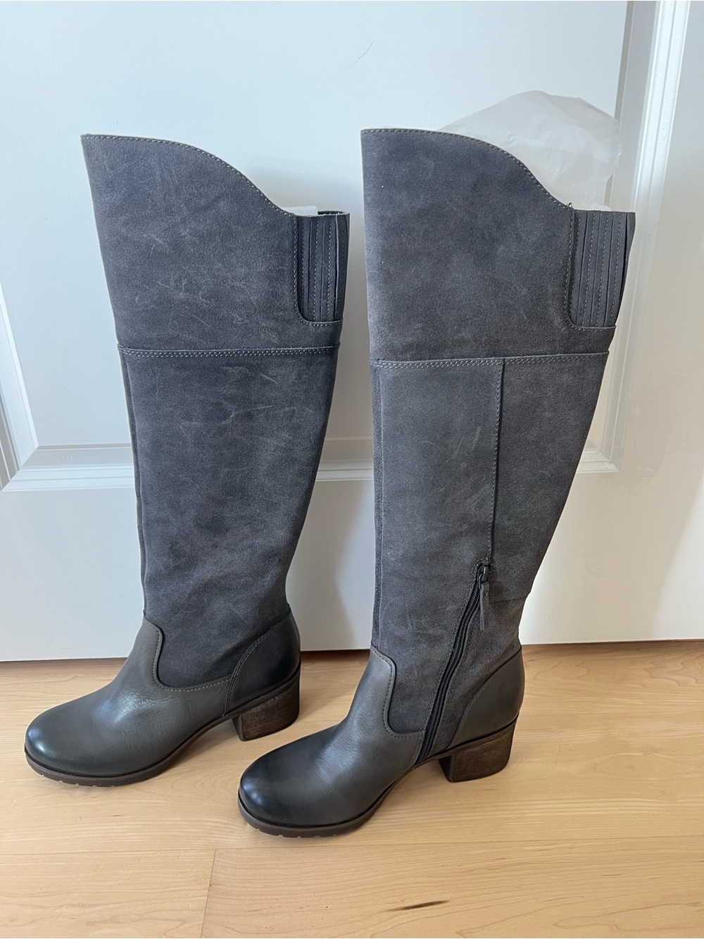 Anthropologie Tall Gray Leather & Suede Over-the-Knee Boots